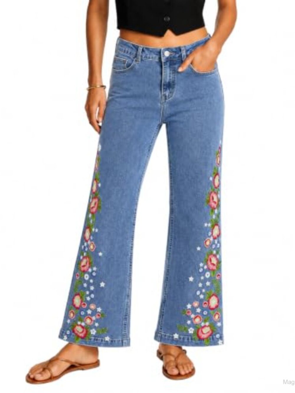 Embroidered Flare Jeans Mid Rise Stretchy Wide Leg Denim Pants